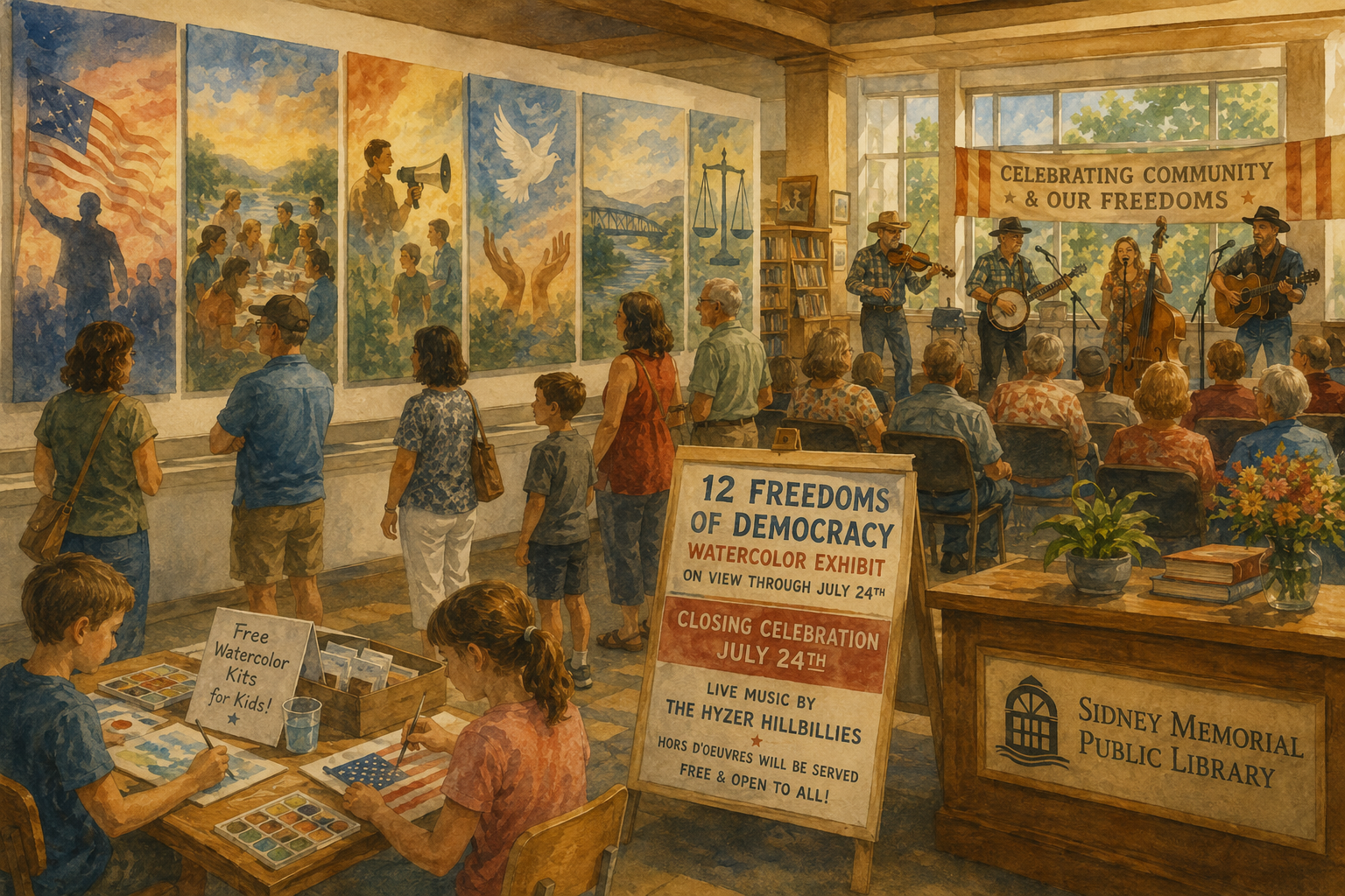 "12 Freedoms of Democracy" Watercolor Exhibit Closes July 24th with Live Music at Sidney Memorial Public Library